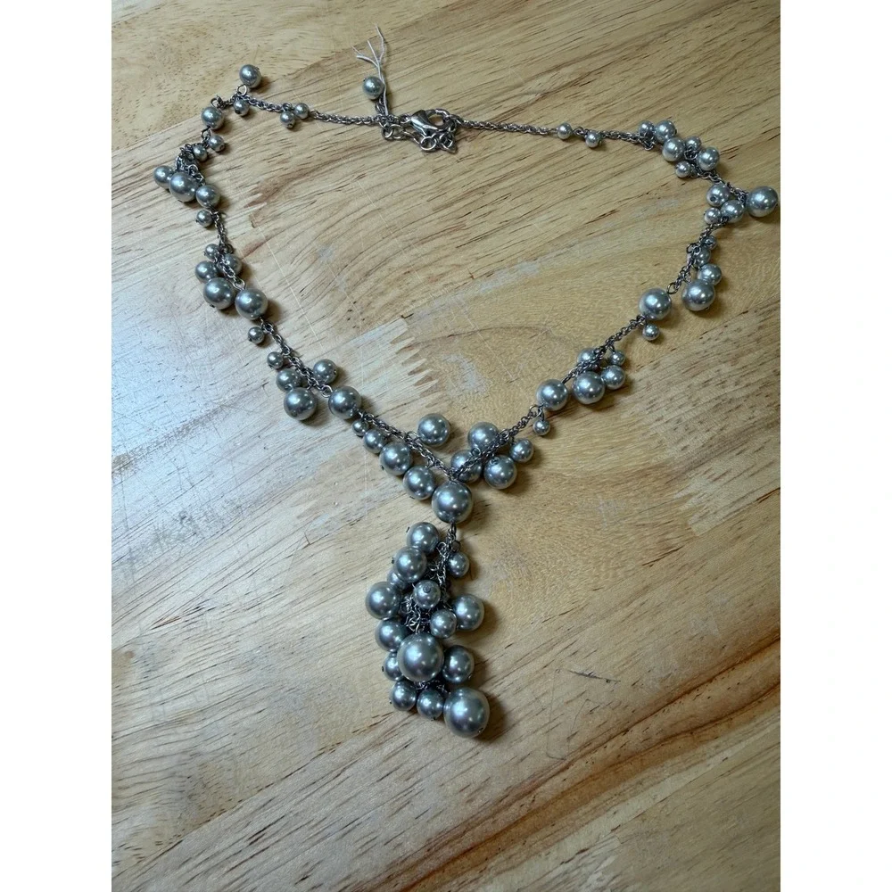 Pearlcore Mob Wife Glam Statement Y Lariat Cluster Faux Pearl Necklace Silver